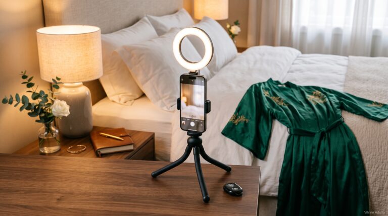 Câmera de smartphone em tripé com ring light e iluminação suave para fotos profissionais de anúncios adultos