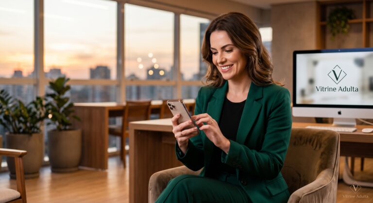 Mulher sorrindo e segurando um smartphone, com o logo do Vitrine Adulta sutilmente ao fundo.